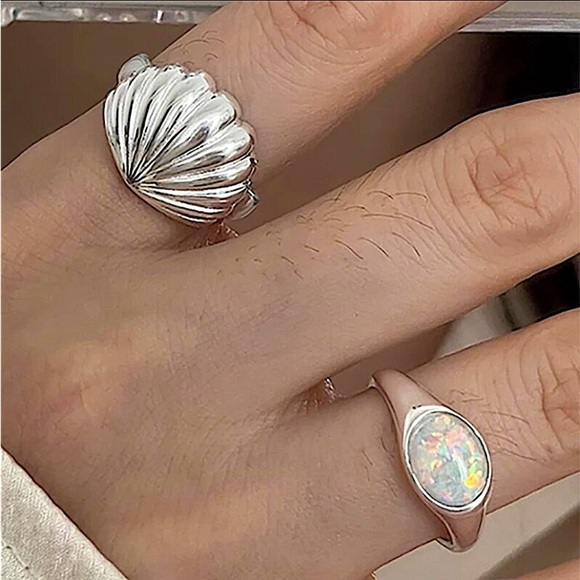 Sterling Silver Shell Opal Ring Set, Minimalist - Picture 6 of 6